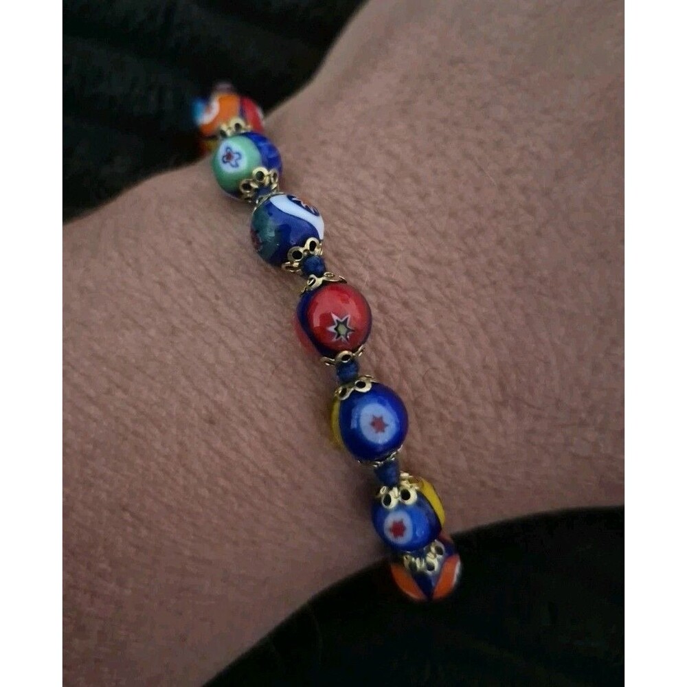 VINTAGE VENETIAN MURANO MILLEFIORI ART GLASS EYE BEAD BRACELET 8.25”